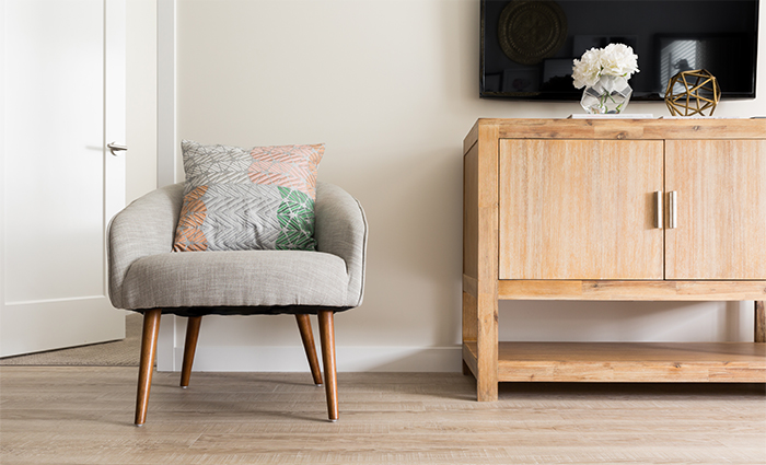 Fish Creek Exchange Condo console table and decorative chair